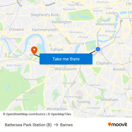 Battersea Park Station (B) to Barnes map
