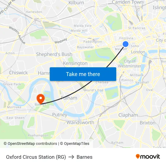 Oxford Circus Station (RG) to Barnes map