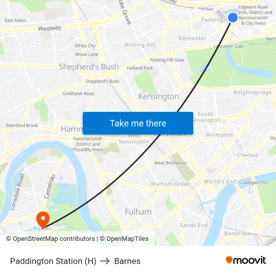 Paddington Station (H) to Barnes map