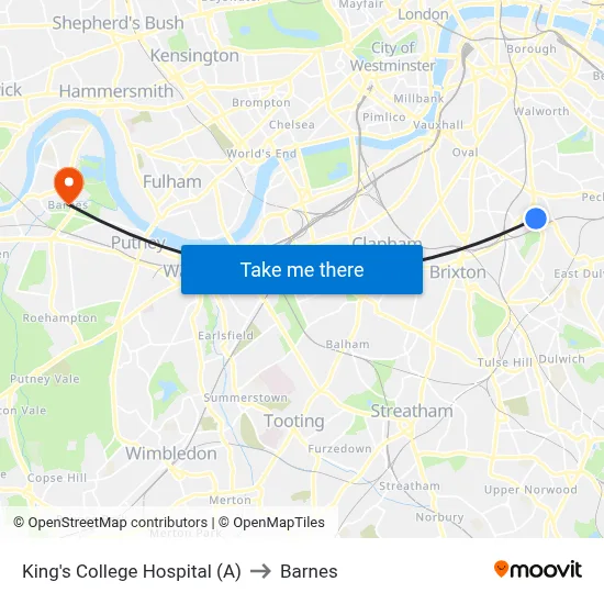 King's College Hospital (A) to Barnes map