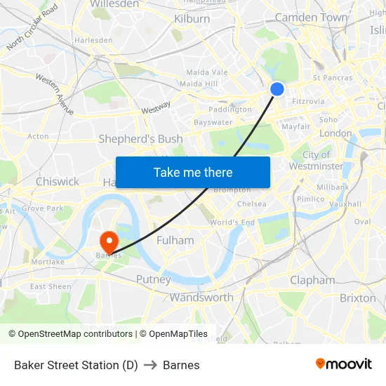 Baker Street Station (D) to Barnes map