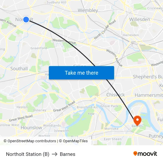 Northolt Station (B) to Barnes map