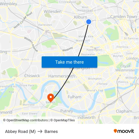 Abbey Road (M) to Barnes map