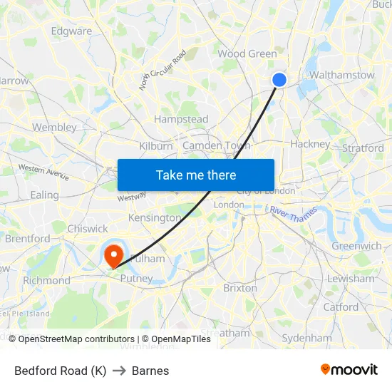 Bedford Road (K) to Barnes map