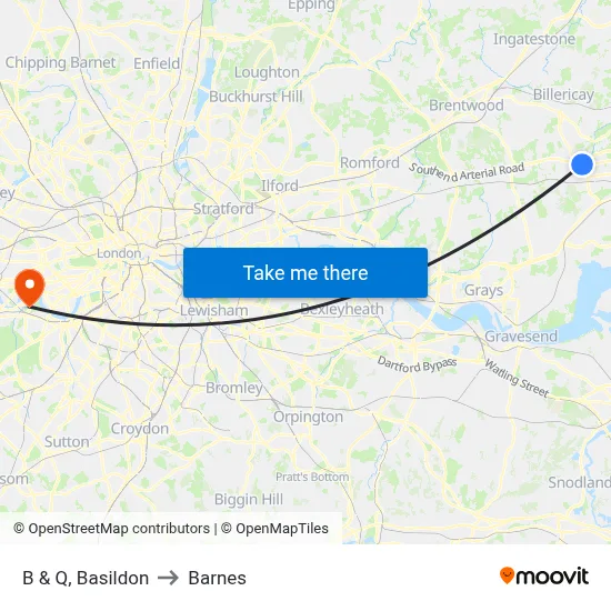 B & Q, Basildon to Barnes map
