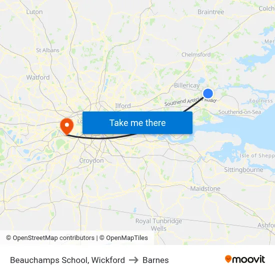 Beauchamps School, Wickford to Barnes map