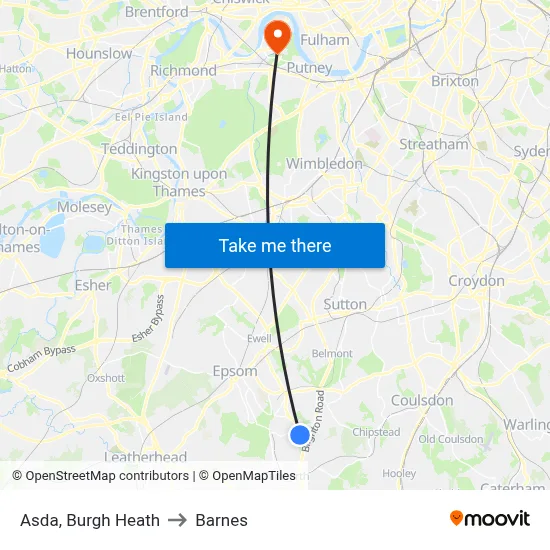 Asda, Burgh Heath to Barnes map
