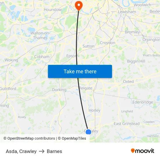 Asda, Crawley to Barnes map