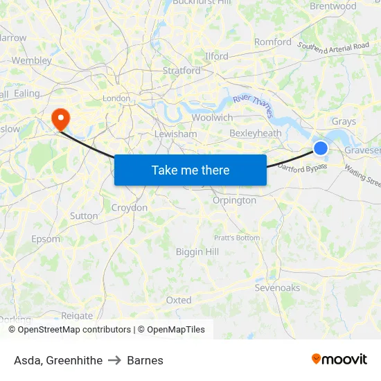 Asda, Greenhithe to Barnes map