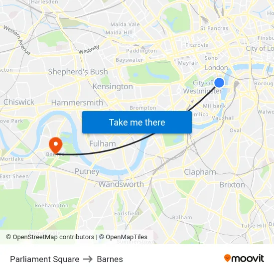 Parliament Square to Barnes map