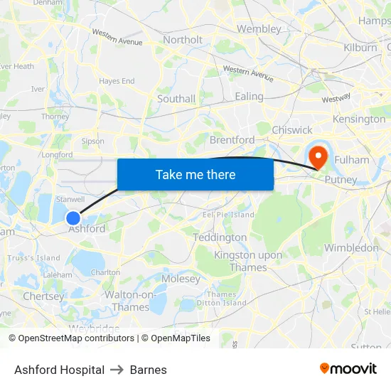 Ashford Hospital to Barnes map