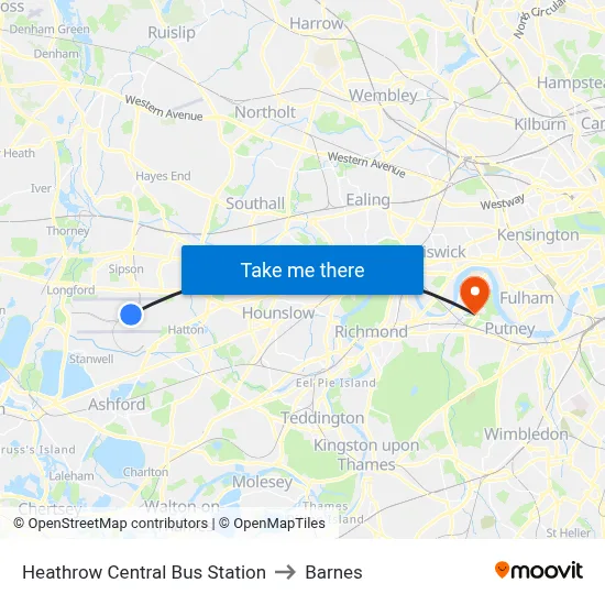 Heathrow Central Bus Station to Barnes map