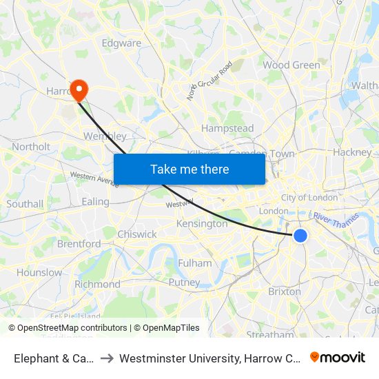 Elephant & Castle to Westminster University, Harrow Campus map