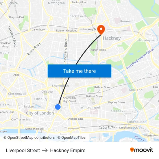 Liverpool Street to Hackney Empire map