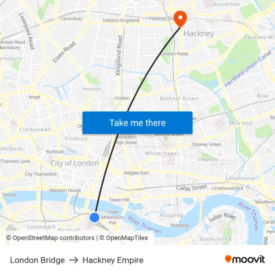 London Bridge to Hackney Empire map