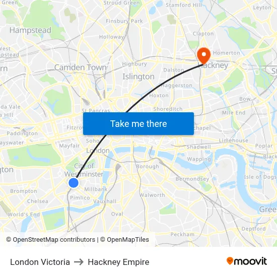 London Victoria to Hackney Empire map