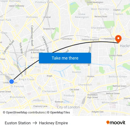Euston Station to Hackney Empire map