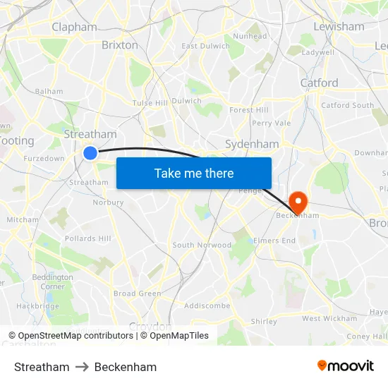 Streatham to Beckenham map