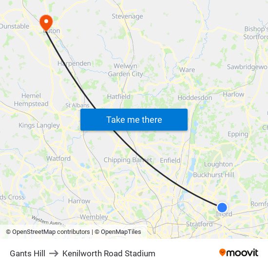 Gants Hill to Kenilworth Road Stadium map