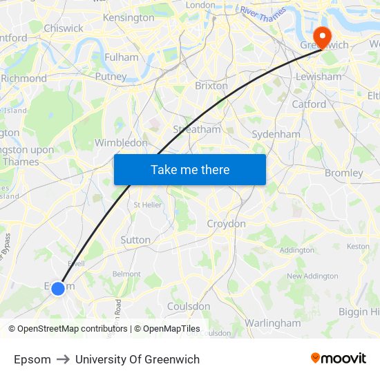 Epsom to University Of Greenwich map