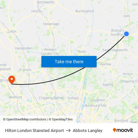 Hilton London Stansted Airport to Abbots Langley map