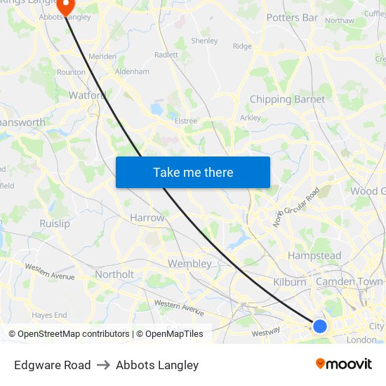 Edgware Road to Abbots Langley map