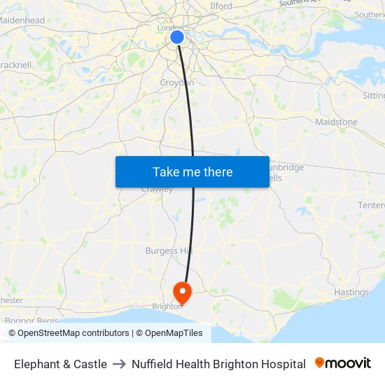 Elephant & Castle to Nuffield Health Brighton Hospital map