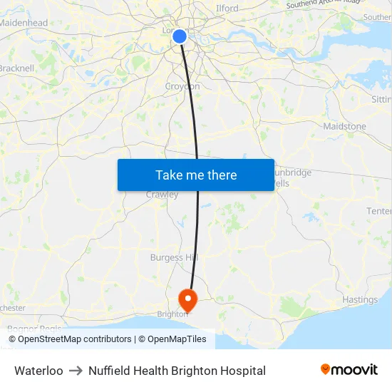 Waterloo to Nuffield Health Brighton Hospital map