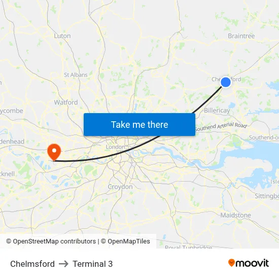 Chelmsford to Terminal 3 map