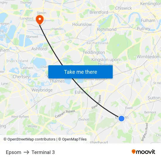 Epsom to Terminal 3 map