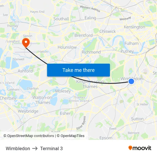 Wimbledon to Terminal 3 map