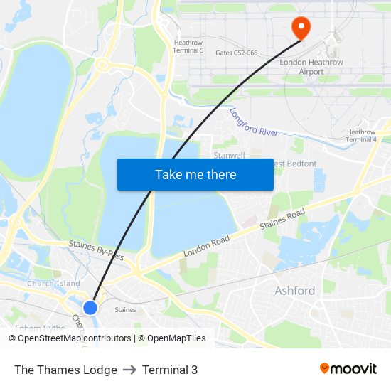 The Thames Lodge to Terminal 3 map