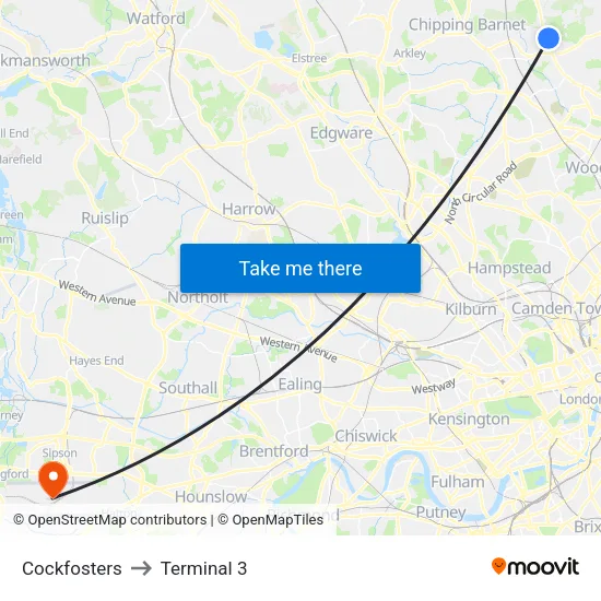 Cockfosters to Terminal 3 map