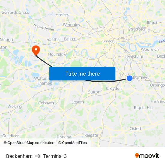 Beckenham to Terminal 3 map