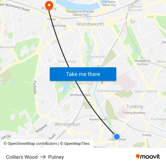 Colliers Wood to Putney map