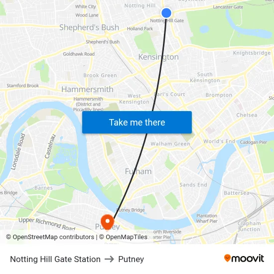 Notting Hill Gate Station to Putney map