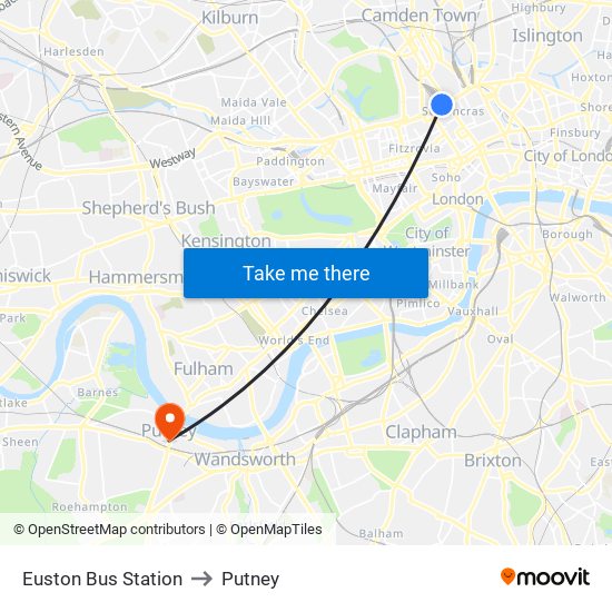 Euston Bus Station to Putney map