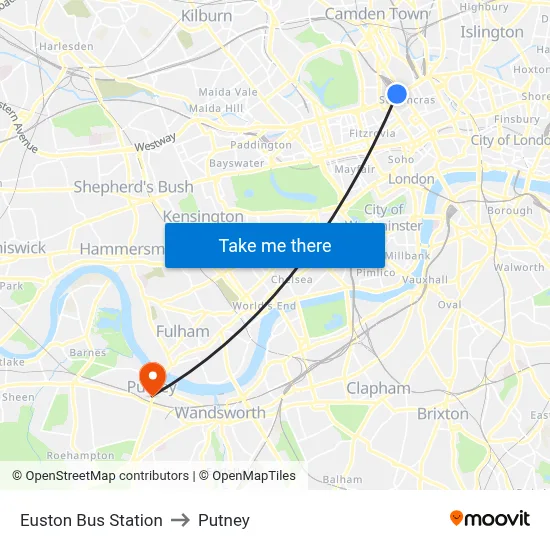 Euston Bus Station to Putney map