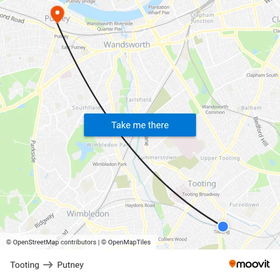 Tooting to Putney map