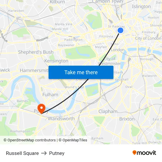 Russell Square to Putney map