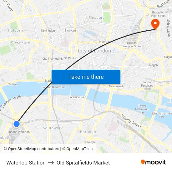Waterloo Station to Old Spitalfields Market map