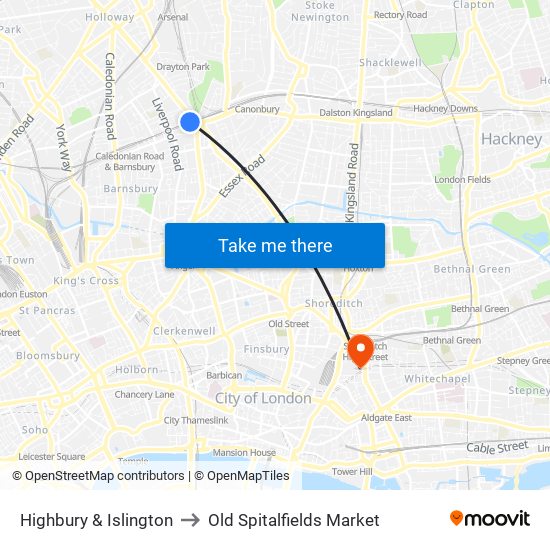 Highbury & Islington to Old Spitalfields Market map