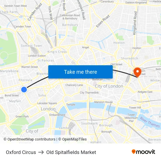 Oxford Circus to Old Spitalfields Market map