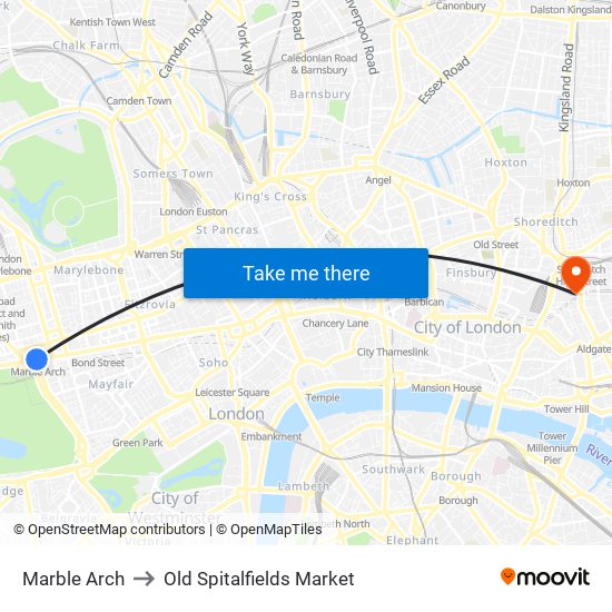 Marble Arch to Old Spitalfields Market map