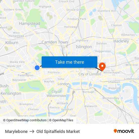 Marylebone to Old Spitalfields Market map