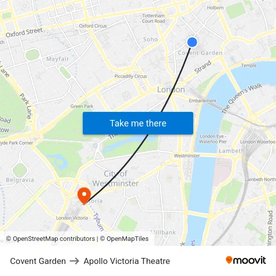 Covent Garden to Apollo Victoria Theatre map