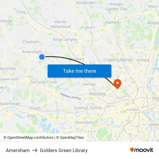 Amersham to Golders Green Library map