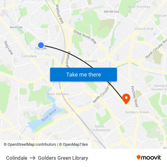 Colindale to Golders Green Library map