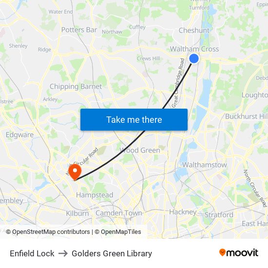 Enfield Lock to Golders Green Library map