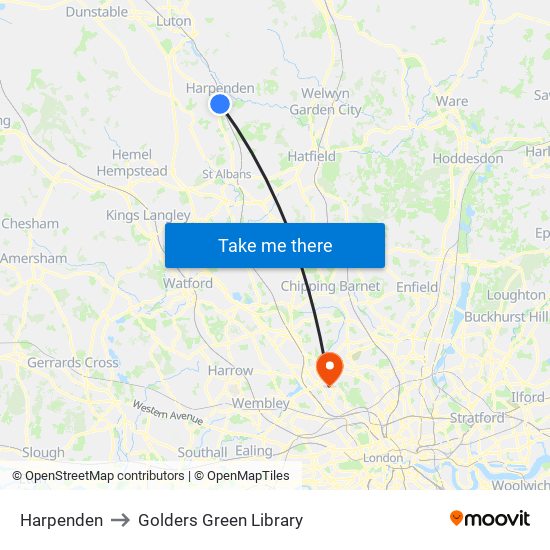 Harpenden to Golders Green Library map